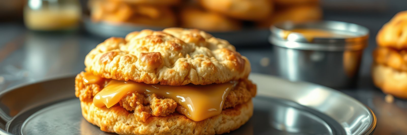 Delicious fried chicken sandwich served on a fluffy biscuit with savory sauce in a cozy kitchen setting